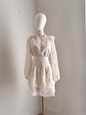 Anewsta Cream Rose Embroidered Ruffle Tiered Swiss Dot Mini Dress US 6 M